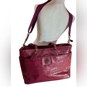 Coach patent rose pink baby bag, changing pad, pockets, shoulder/crossbody strap